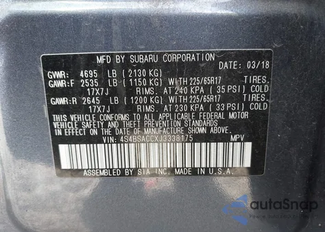 2018 Subaru Outback 2.5I Premium из США, поврежденный, VIN 4S4BSACCXJ3338175